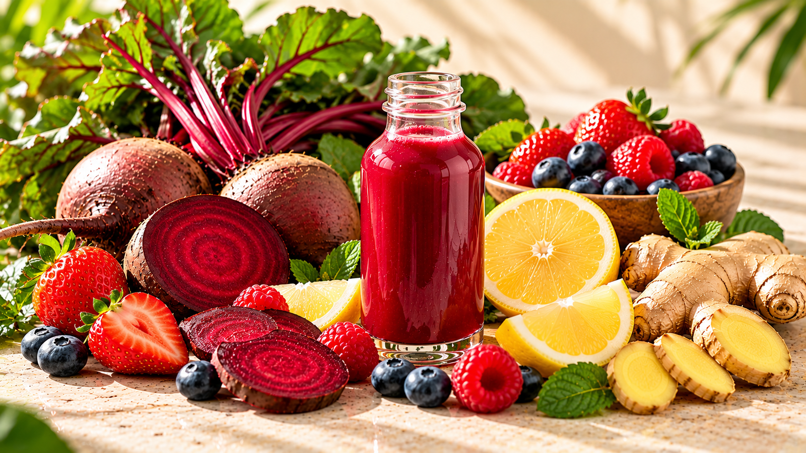 Berry Beet Boost wellness shot with beetroot, strawberries, blueberries, raspberries, apple, lemon and ginger