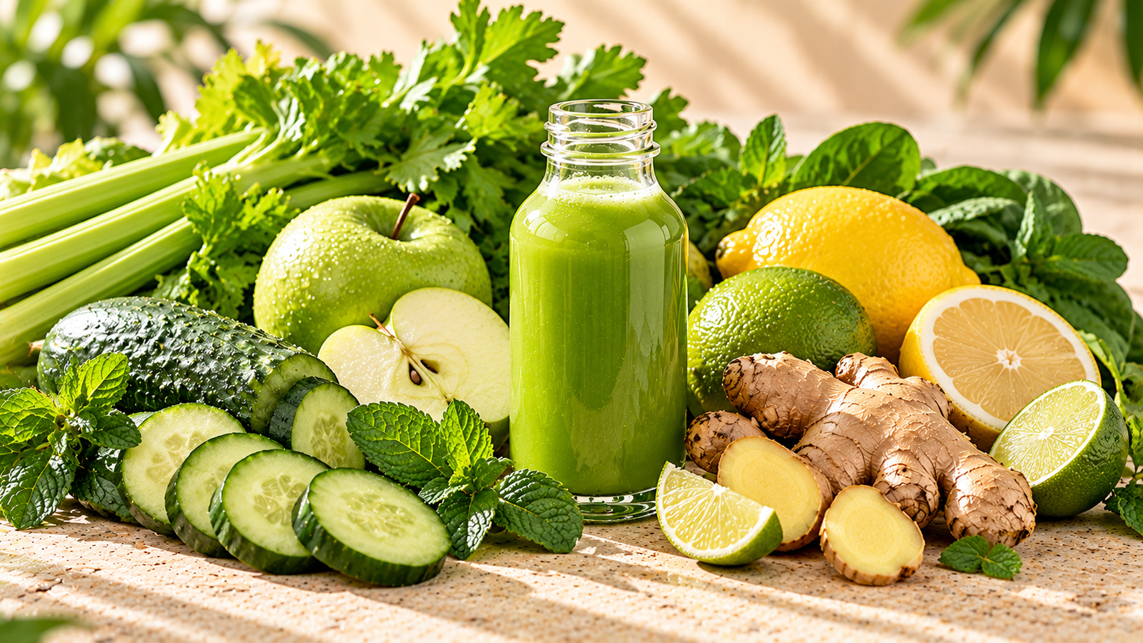 Green Zing wellness shot with cucumber, green apple, lime, ginger, mint and spinach