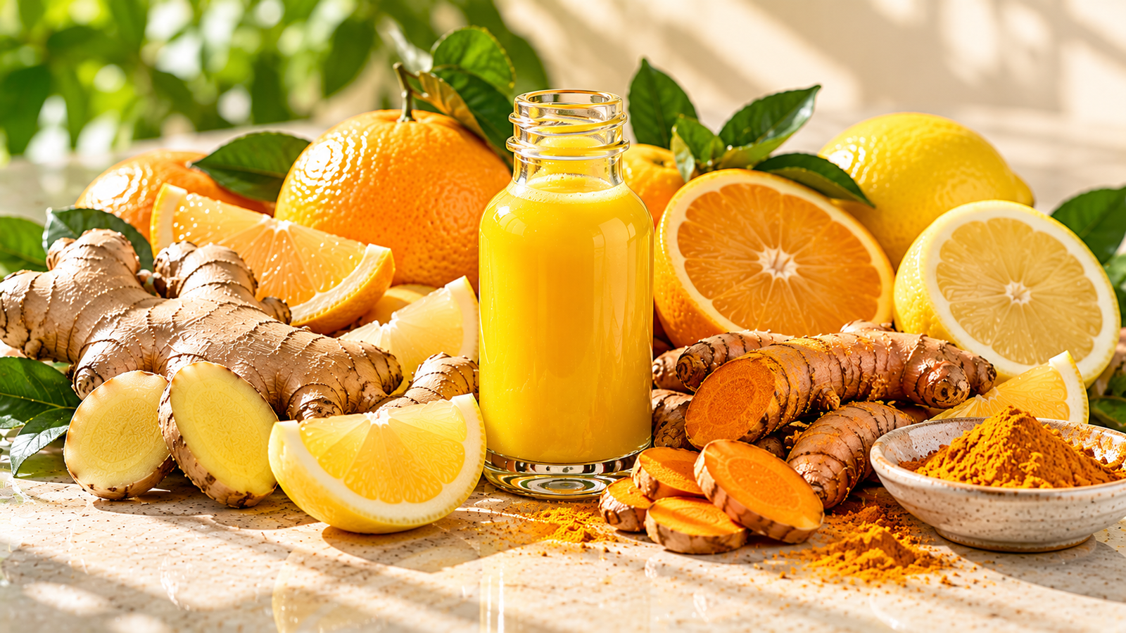 Golden Glow wellness shot with fresh turmeric, ginger, orange and lemon