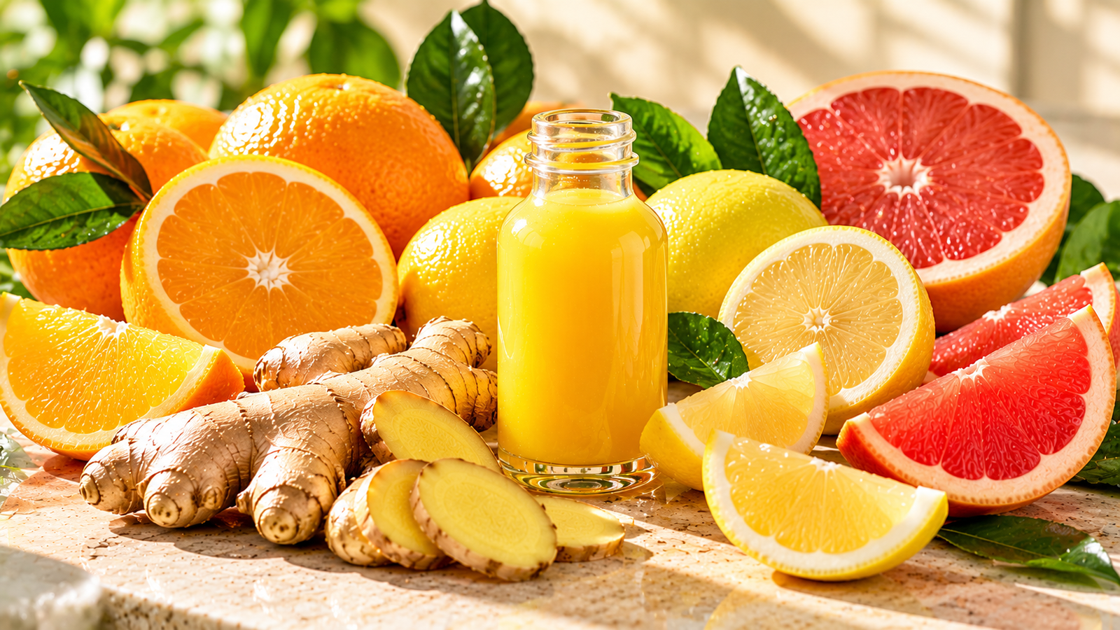 Ginger Citrus wellness shot with fresh ginger, orange, lemon and grapefruit