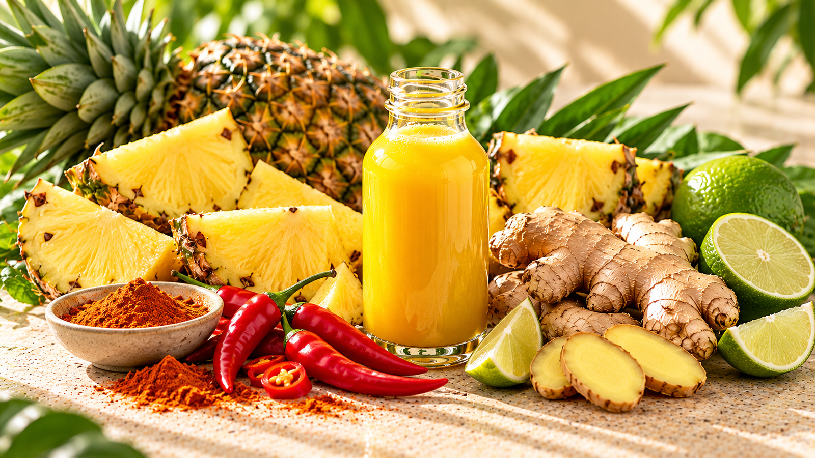 Pineapple Fire wellness shot with fresh pineapple, ginger, citrus and cayenne