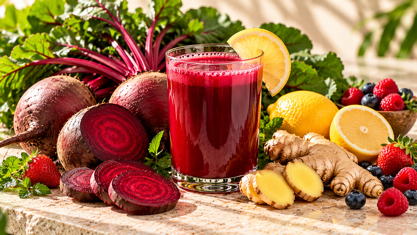 Beet the Day juice with fresh beetroot, carrot, apple, lemon and ginger
