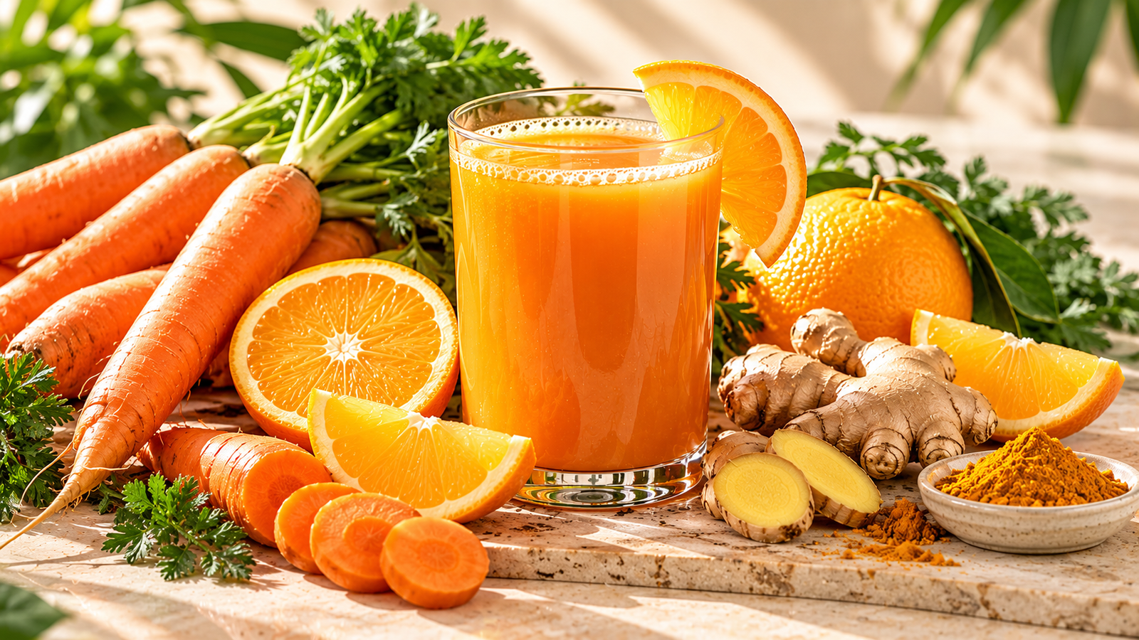 Carrot Kick juice with fresh carrots, orange, apple, ginger and turmeric
