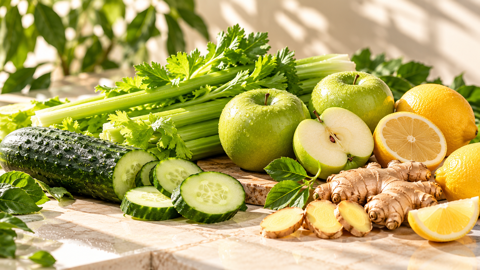 Green Glow juice with cucumber, celery, green apple, lemon and ginger